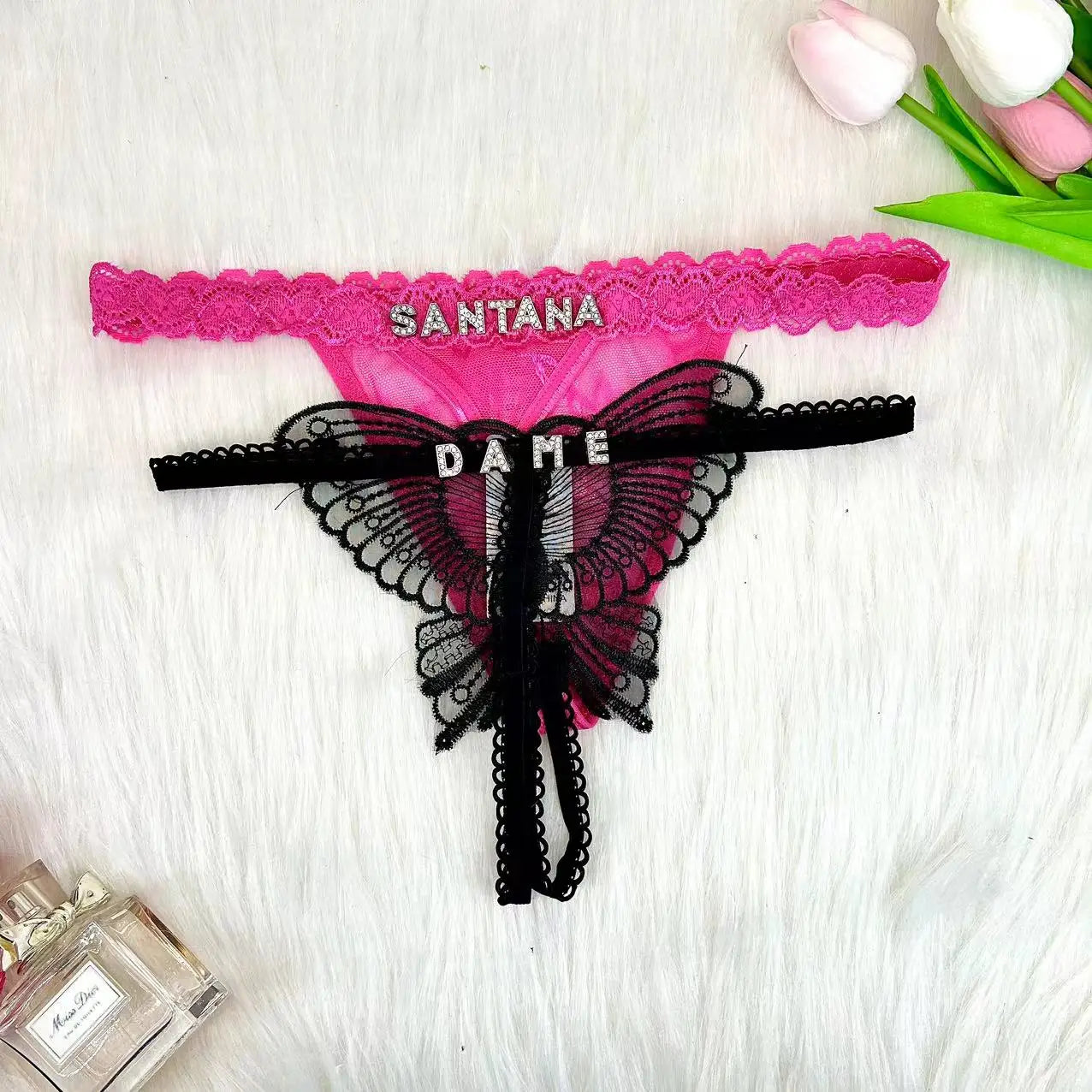 Customize Thong Panties Hollow Butterfly 2PC/set Name Gifts For Women Custom Hotwife Lingerie Underpants Lace String Underwear