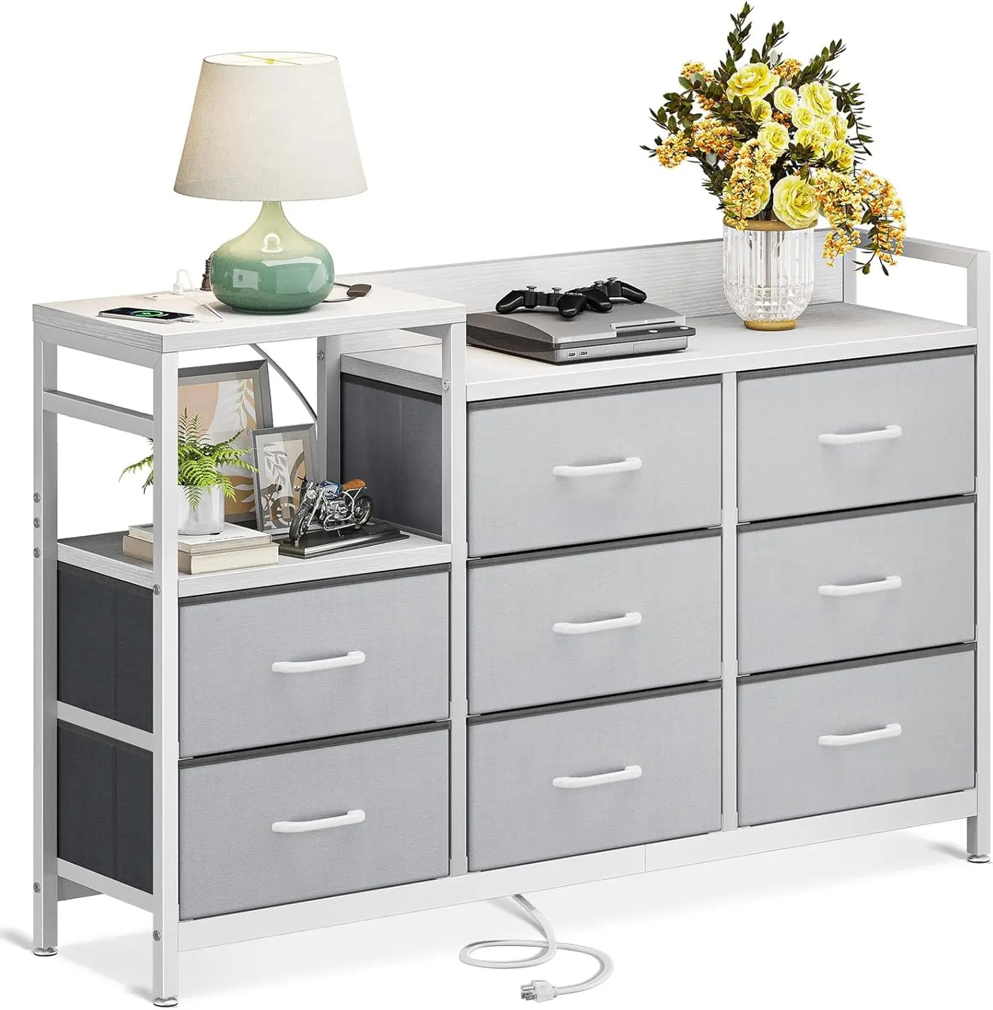 Dresser with Charging Station, 52-Inch Long Dresser for Bedroom with 8 Storage Drawers, Fabric Dressers Chests of Drawers with