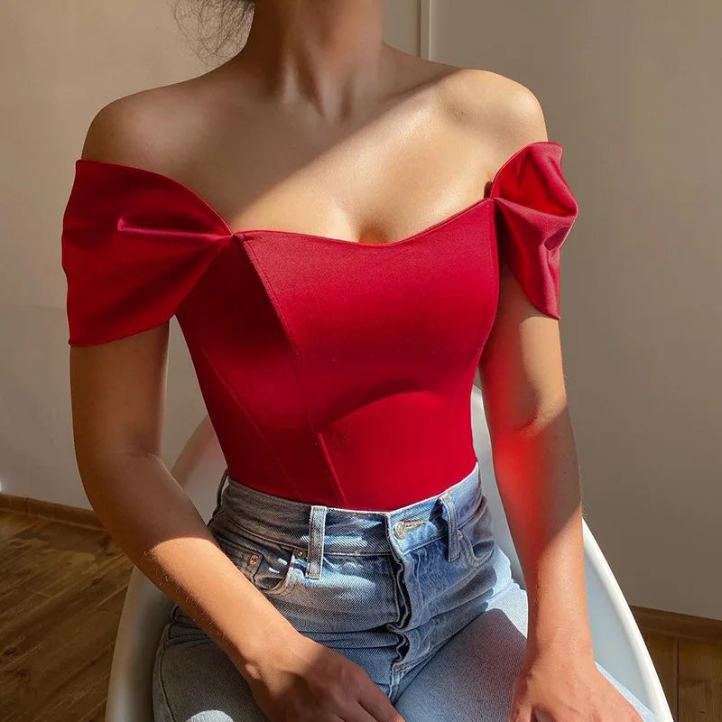 Elegant Women's New Fishbone Waist Cinched Strapless Vest With Satin One Shoulder Top Summer Fashion Short Sleeved Shirt Blouse