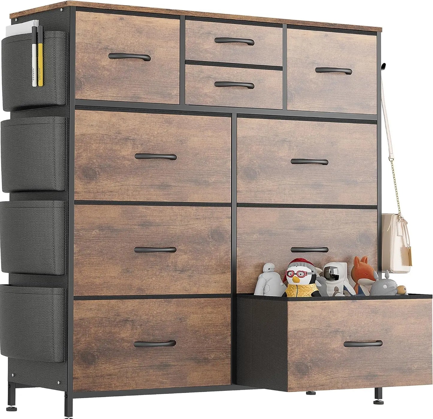 Dresser for Bedroom with 10 Drawers, Chest of Drawers with Side Pockets and Hooks, Fabric Storage Organizer Unit for Living Room