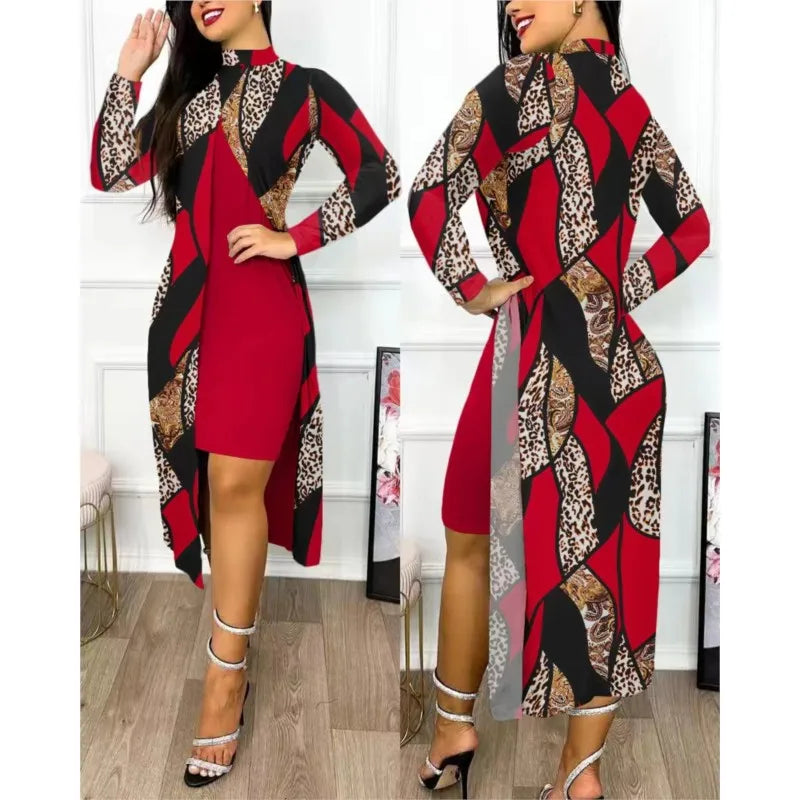 Two Piece Set Women Print Dresses Sets Full Sleeve Half High Collar Split Cardigan Dress Suits Elegant A Line Office Lady