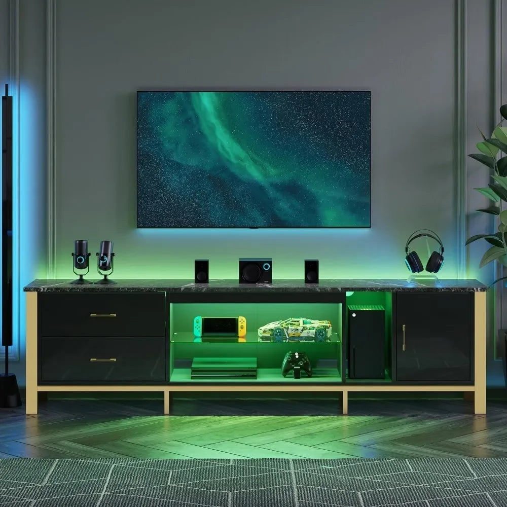 TV Stand, Modern TV Cabinet with Glass Shelves for Living Room, 2 Storage Drawers & Cabinets, LED Gaming Entertainment Center