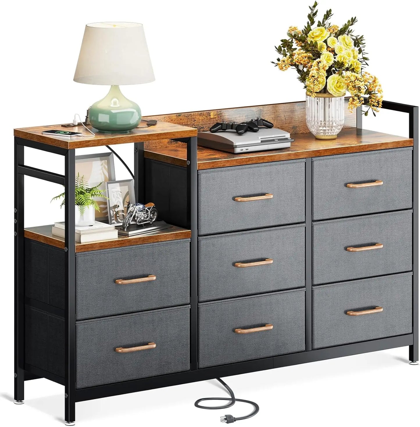 Dresser with Charging Station, 52-Inch Long Dresser for Bedroom with 8 Storage Drawers, Fabric Dressers Chests of Drawers with