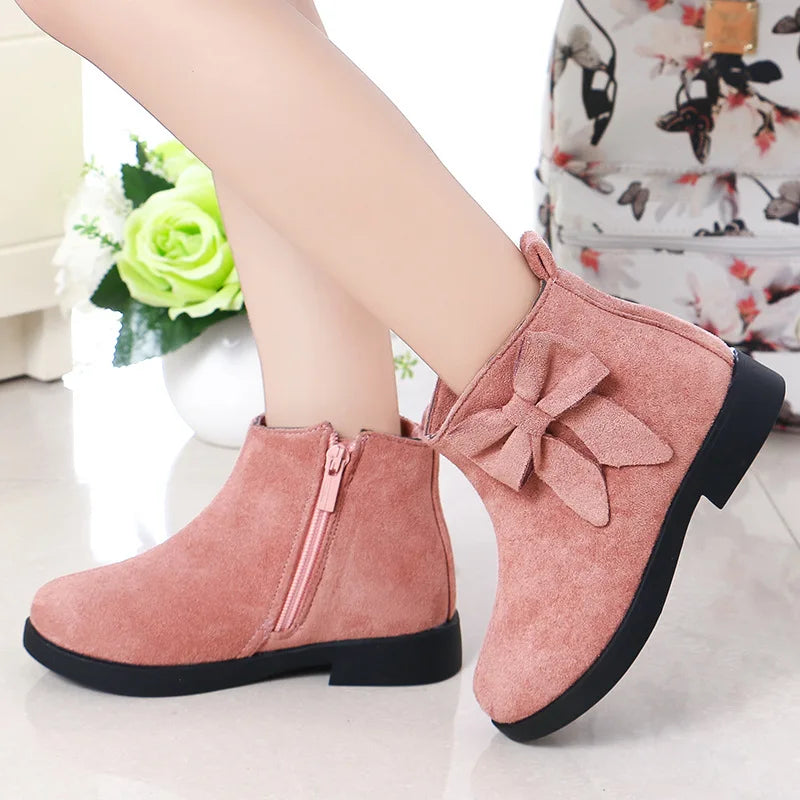 JGSHOWKITO Autumn Winter Girls Boots Fashion Rubber Boots For Kids Children's Ankle Boots Princess Sweet Warm Shoes Big Bow-knot