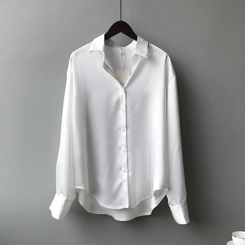 Spring Fashion Button Up Satin Silk Shirt Vintage Blouse Women White Tops Lady Long Sleeves Female Loose Street Shirts 11355