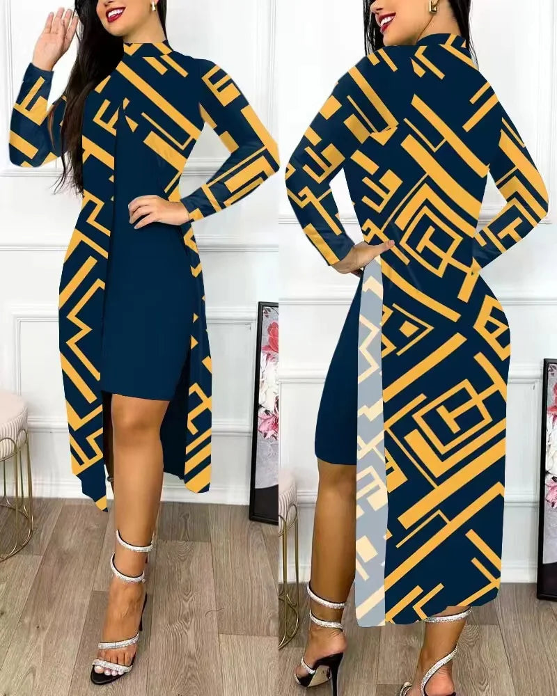 Two Piece Set Women Print Dresses Sets Full Sleeve Half High Collar Split Cardigan Dress Suits Elegant A Line Office Lady