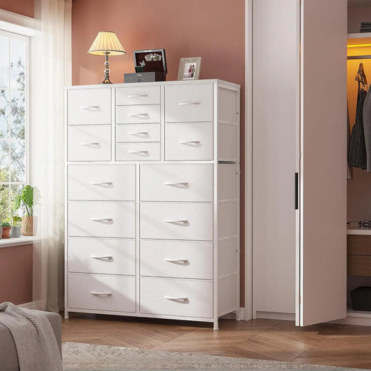 White Dresser,Dresser for Bedroom with 16 Drawers, Tall Dressers & Chests of Drawers with Wood Top, Metal Frame,Tall Dre