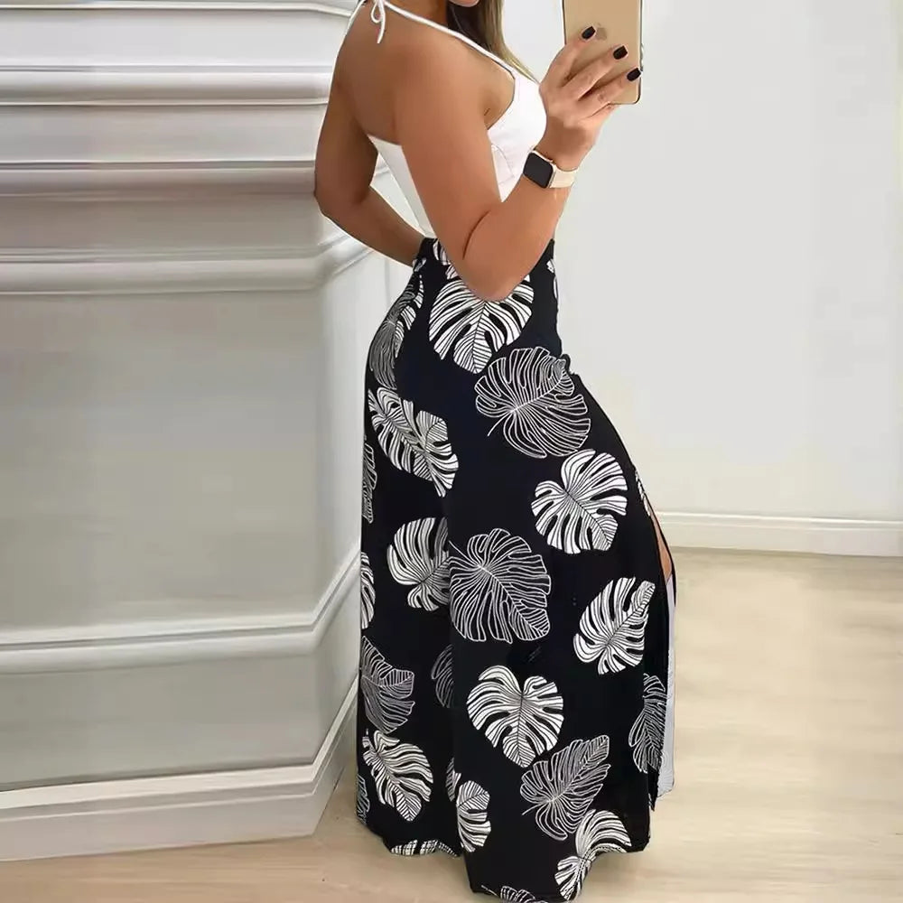 Women's 2pcs Clothing Set Halter Top Sleeveless Cami Tanks Slit Floral Leaves Printed Skirt Suit Summer