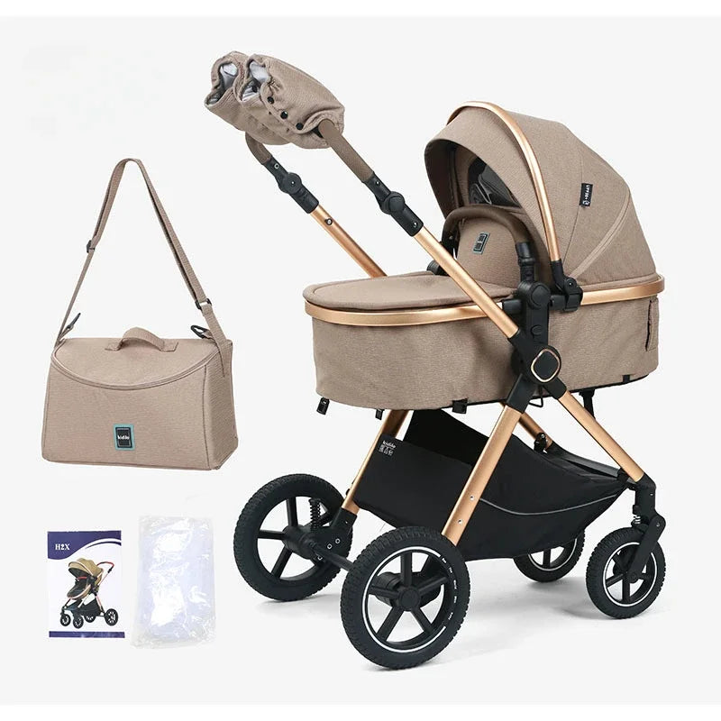 2-in-1 baby stroller, high landscape stroller, one click folding, can sit or lie down, comes with a mommy bag and warm gloves