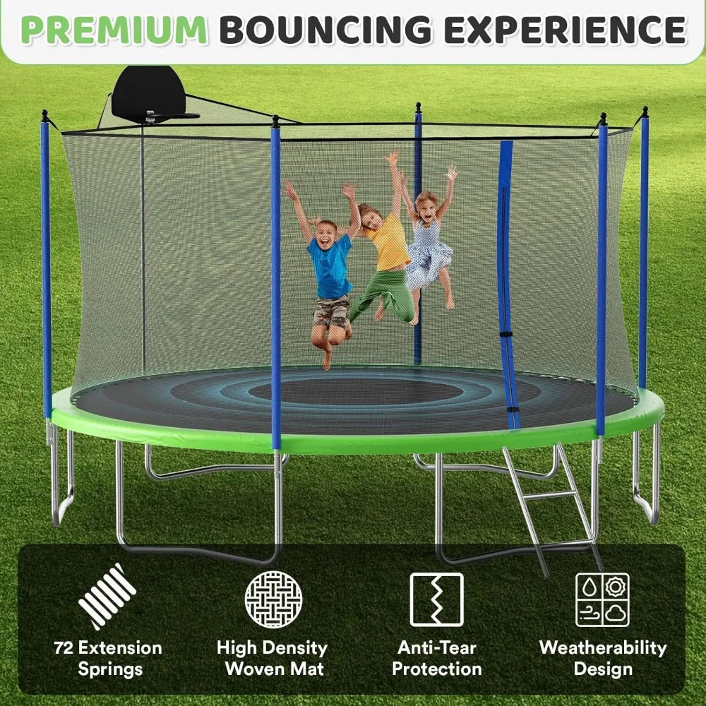 14ft Trampoline Outdoor, Large Heavy Duty Round Trampoline with Basketball Hoop, Enclosure Net for Backyard