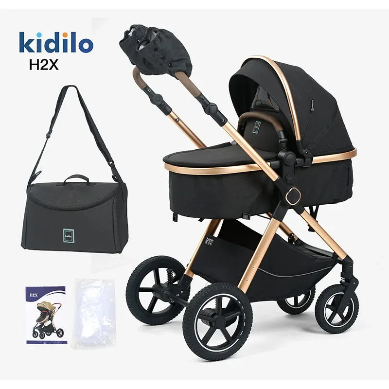 2-in-1 baby stroller, high landscape stroller, one click folding, can sit or lie down, comes with a mommy bag and warm gloves