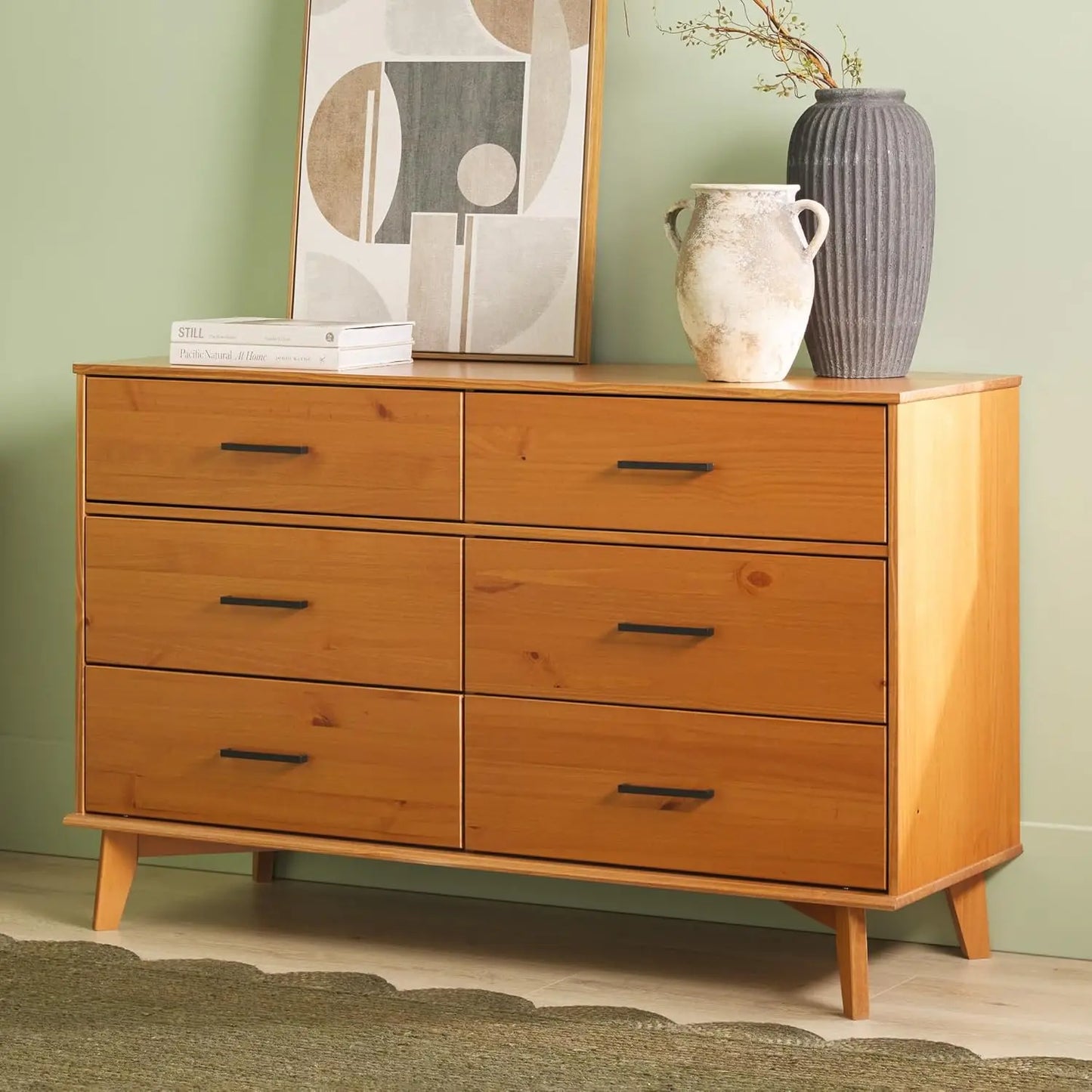 Edision Modern Solid Pine Wood 6-Drawer Dresser with Metal Handles and Generous Storage Space, Caramel Finish