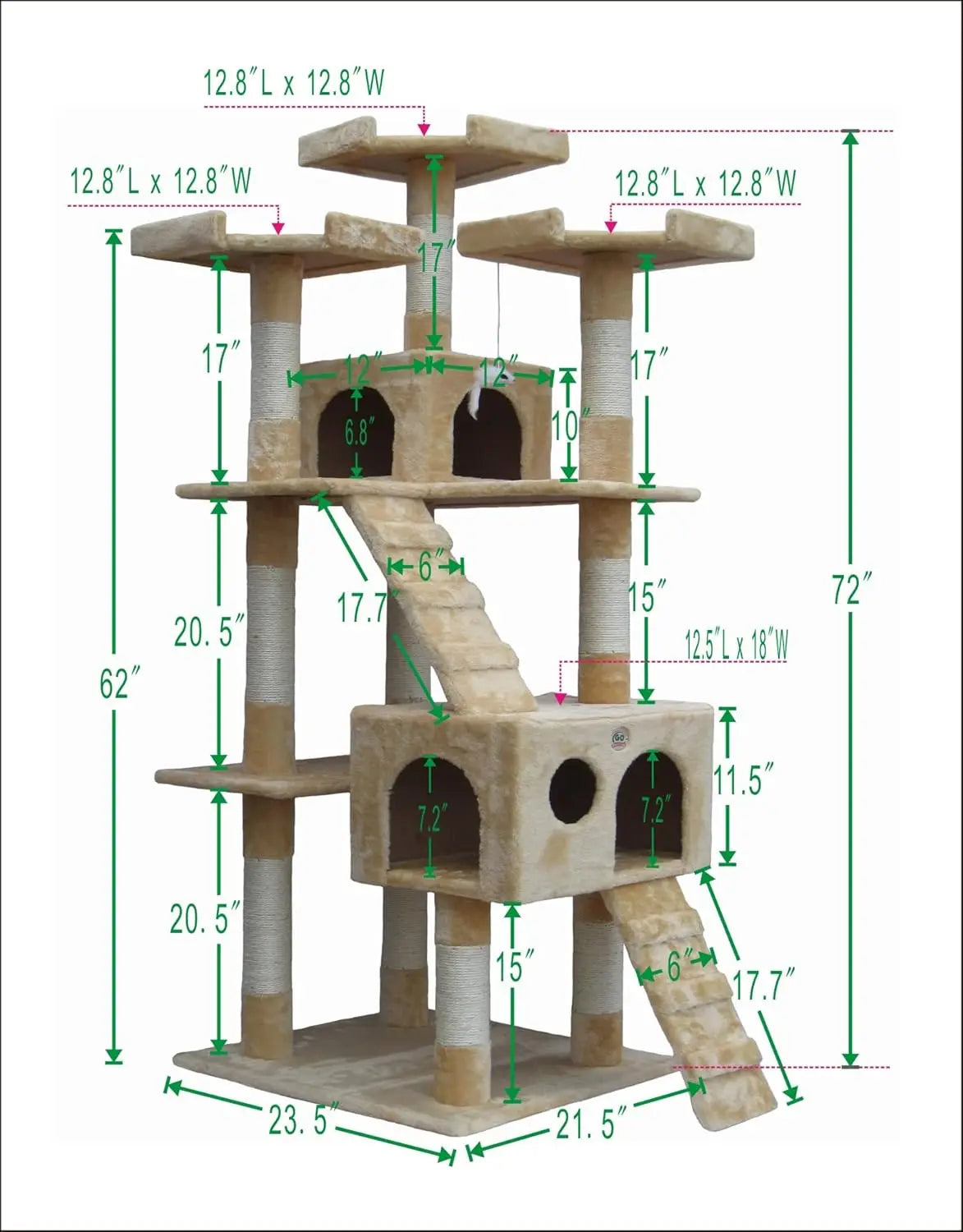 72" Tall Tree Tower with Condos - Large Tree  Tower for Indoor Cats - Play Scratch Hide Climb Activity