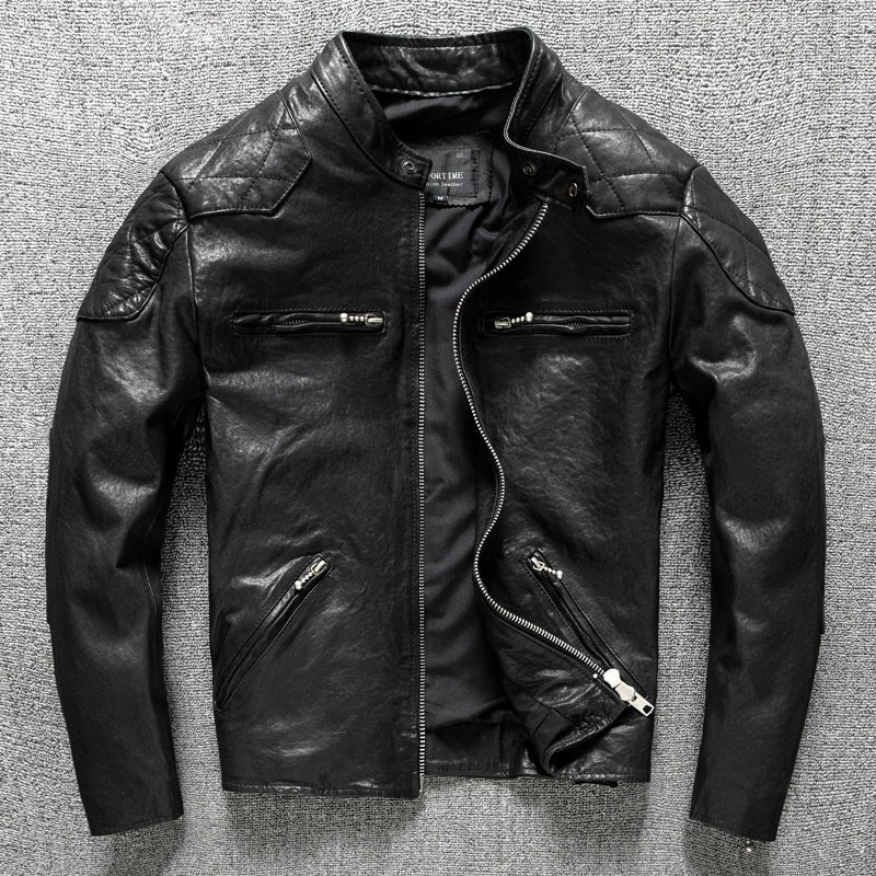 Black Spring Leather Jacket Men Stand Collar Plus Size 5XL Natural Thin Sheepskin Slim Fit Short Genuine Leather Coat