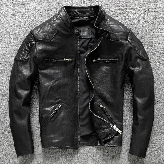 Black Spring Leather Jacket Men Stand Collar Plus Size 5XL Natural Thin Sheepskin Slim Fit Short Genuine Leather Coat