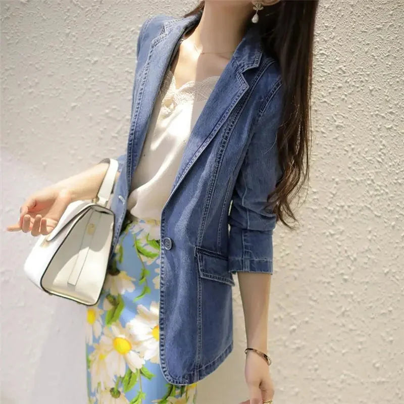 Women's Denim Suit Jacket, Korean Bomber Jackets, Casual Blazer, Female Outerwear, Cowboy Trench Coat, Fashion, Spring, Autumn,