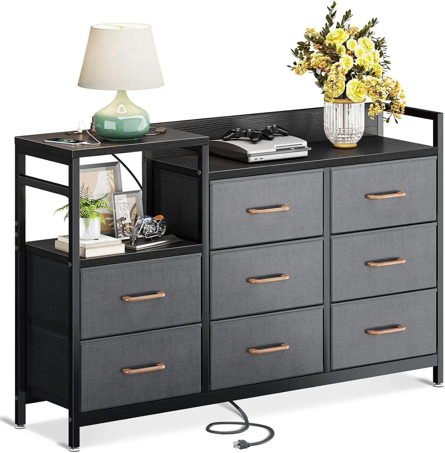 Dresser with Charging Station, 52-Inch Long Dresser for Bedroom with 8 Storage Drawers, Fabric Dressers Chests of Drawers with