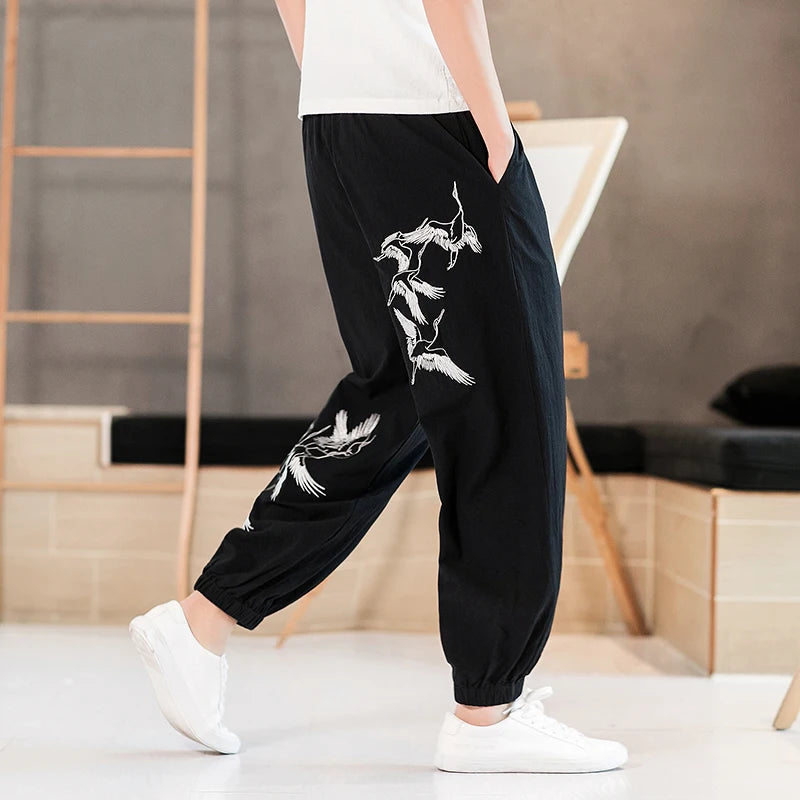 100% Cotton Mens Clothing Crane Embroidery Leggings Trousers Chinese Retro Harem Jogging Pants Sports Fitness Hip-hop Pants