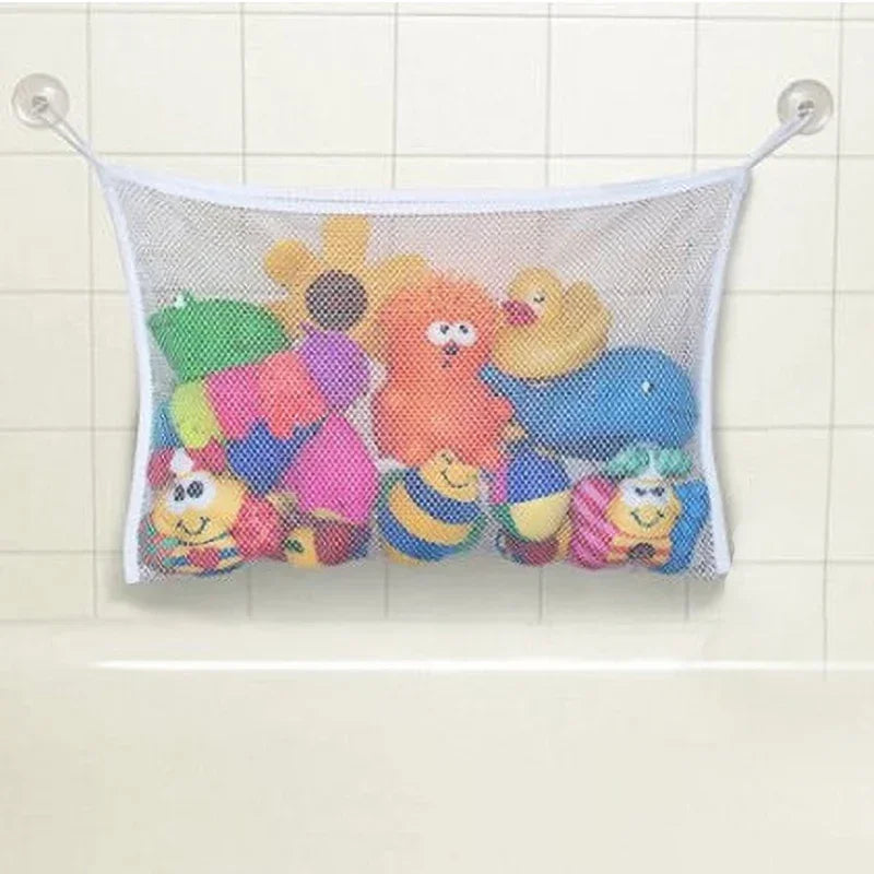 Convenient Baby Bath Toy Organizer with Strong Suction Cups, White Square Mesh Net Bag for Shower Products and Clothes Storage