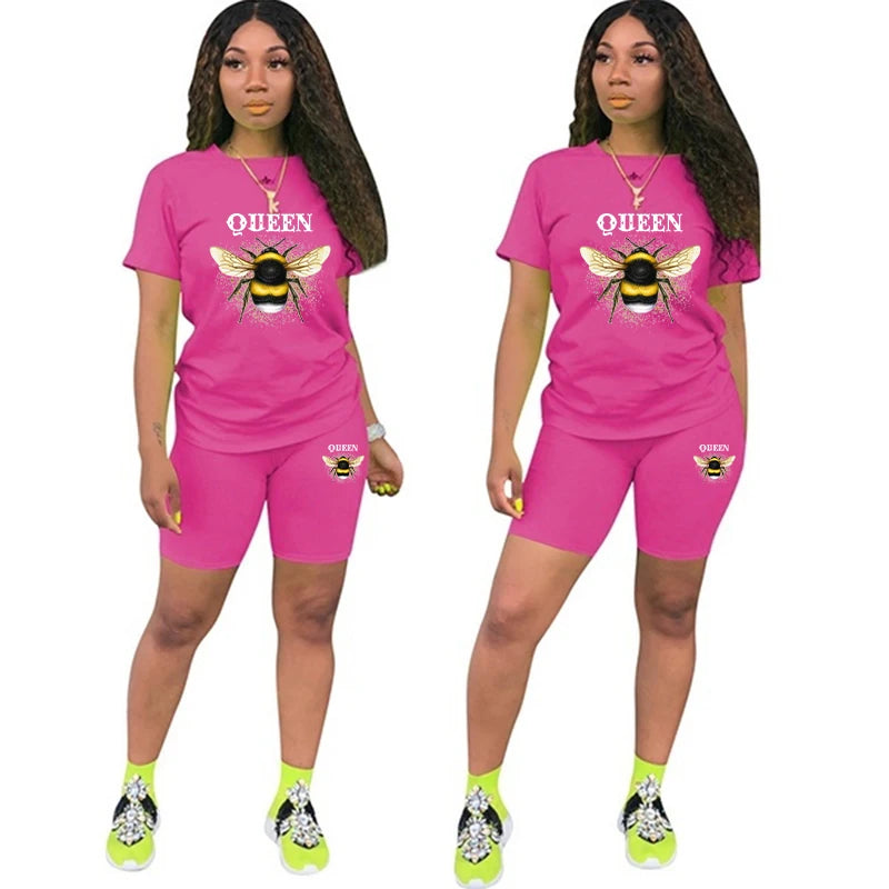 Women Two Piece Set Summer Short Sleeve O-Neck Tee Tops+Pencil Shorts Suits Tracksuits Outfit Graphic T Shirts Jogging Suits