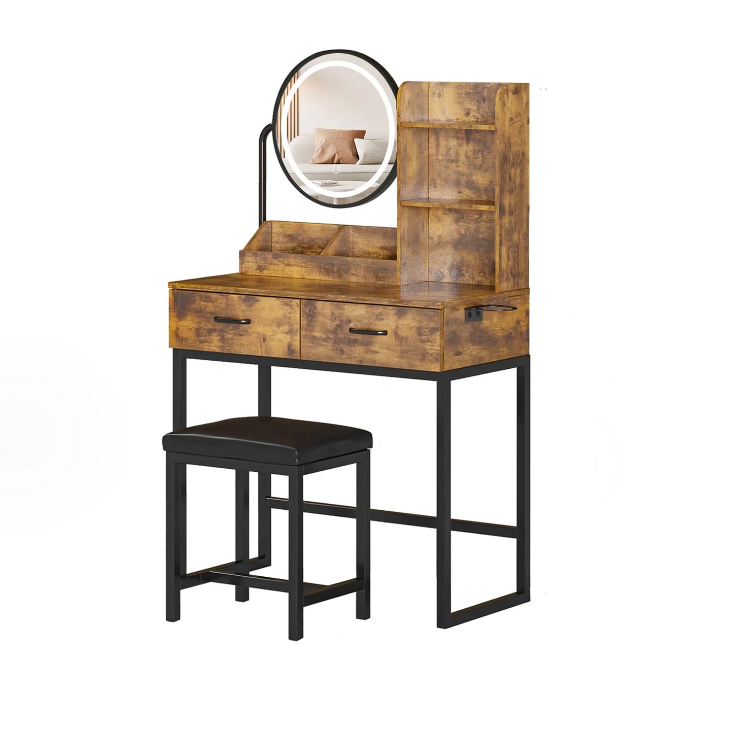 Vabches Vanity Desk with Round Mirror Lights Vanity Table with 2 Storage Drawer&Metal Legs Small Makeup Table with Stool Bedroom