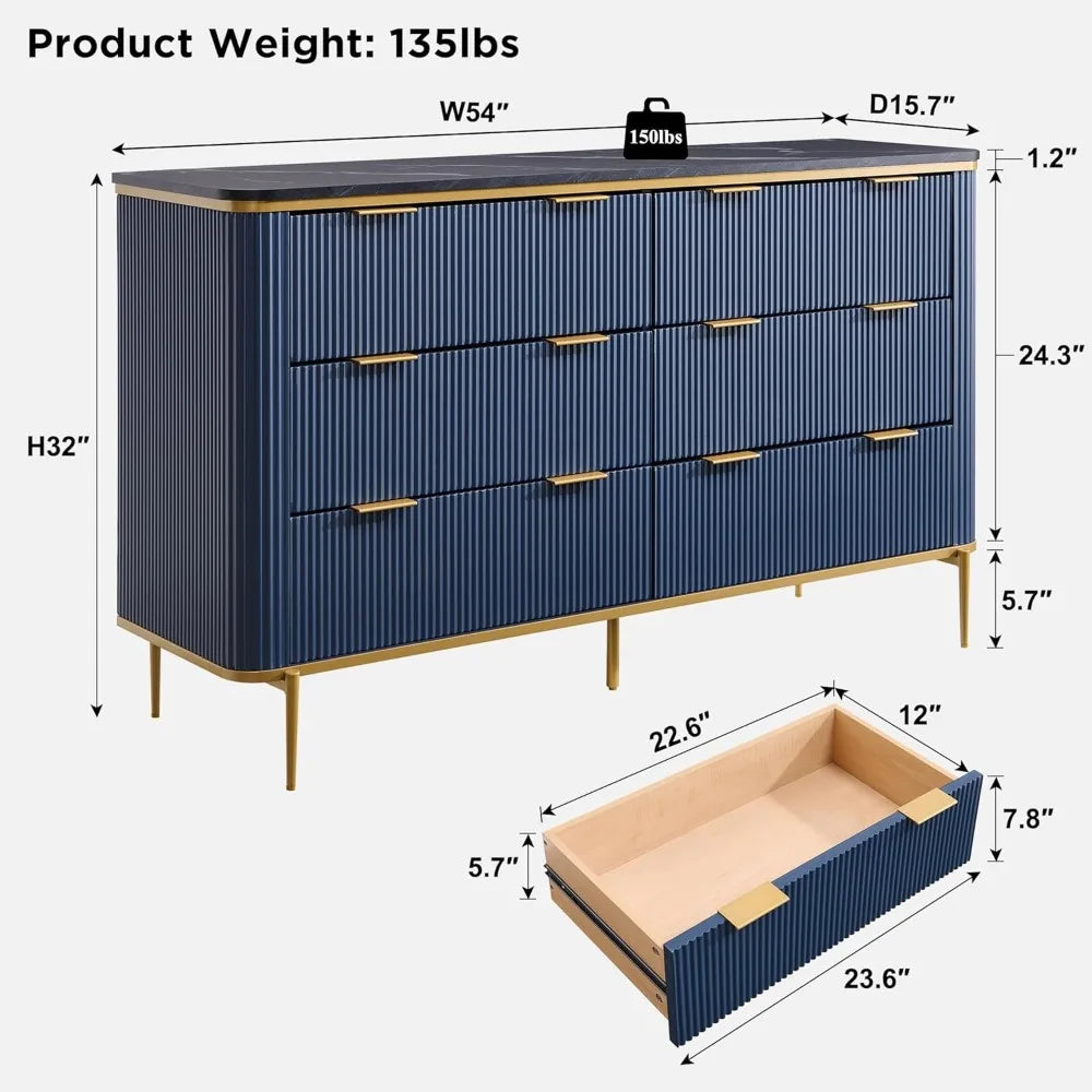 Fluted 6 Drawers Dresser, 54" Wide Modern Dresser TV Stand, Gold Accents, Fluted Fronts, Wood Storage Dressers Organizer