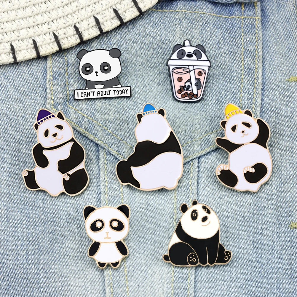 Smiling Panda Enamel Lapel Pins Funny Bubble Tea Animal Brooch Cute Pandas Backpack Badge Clothes Jewelry Gifts for Kids Friends