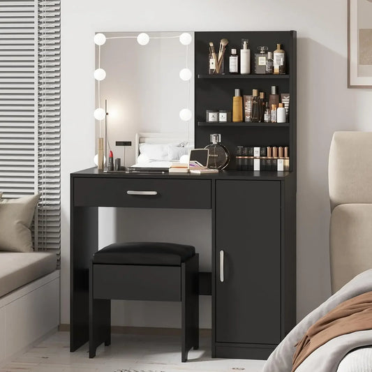 Vanity with Lighted Mirror, Desk Drawer and Storage Cabinet, Dresser Mirror Dressing Table for Bedroom, Bathroom, Black