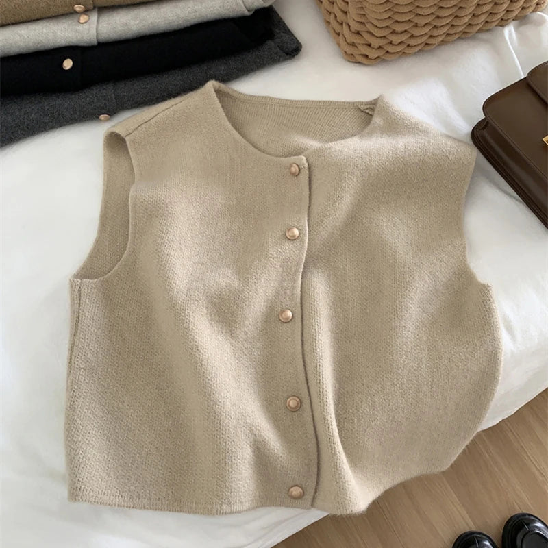 Autumn New Women Cardigan Korean Elegant Knitted Sleeveless Female Casual Sweater Tanks Fashion New Slim Ladies Casual Tops