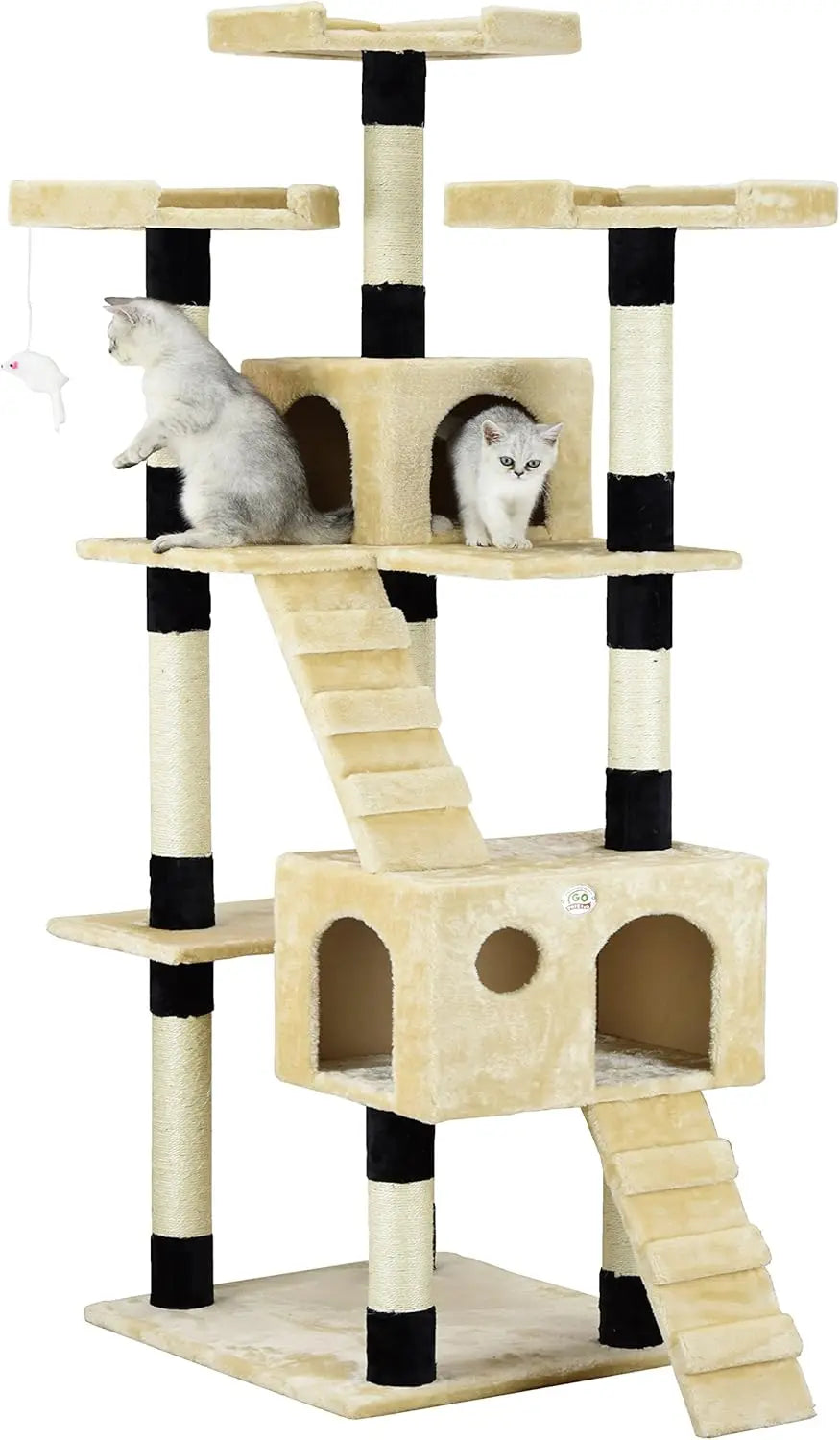 72" Tall Tree Tower with Condos - Large Tree  Tower for Indoor Cats - Play Scratch Hide Climb Activity