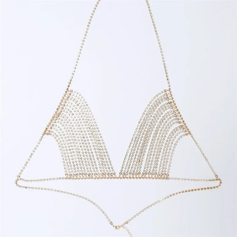 Sexy Body jewelry crystal sling Bra Chain Waist Chain Bikini Dress chain Body Chain Three Point Thong suit Beach Outfit портупея