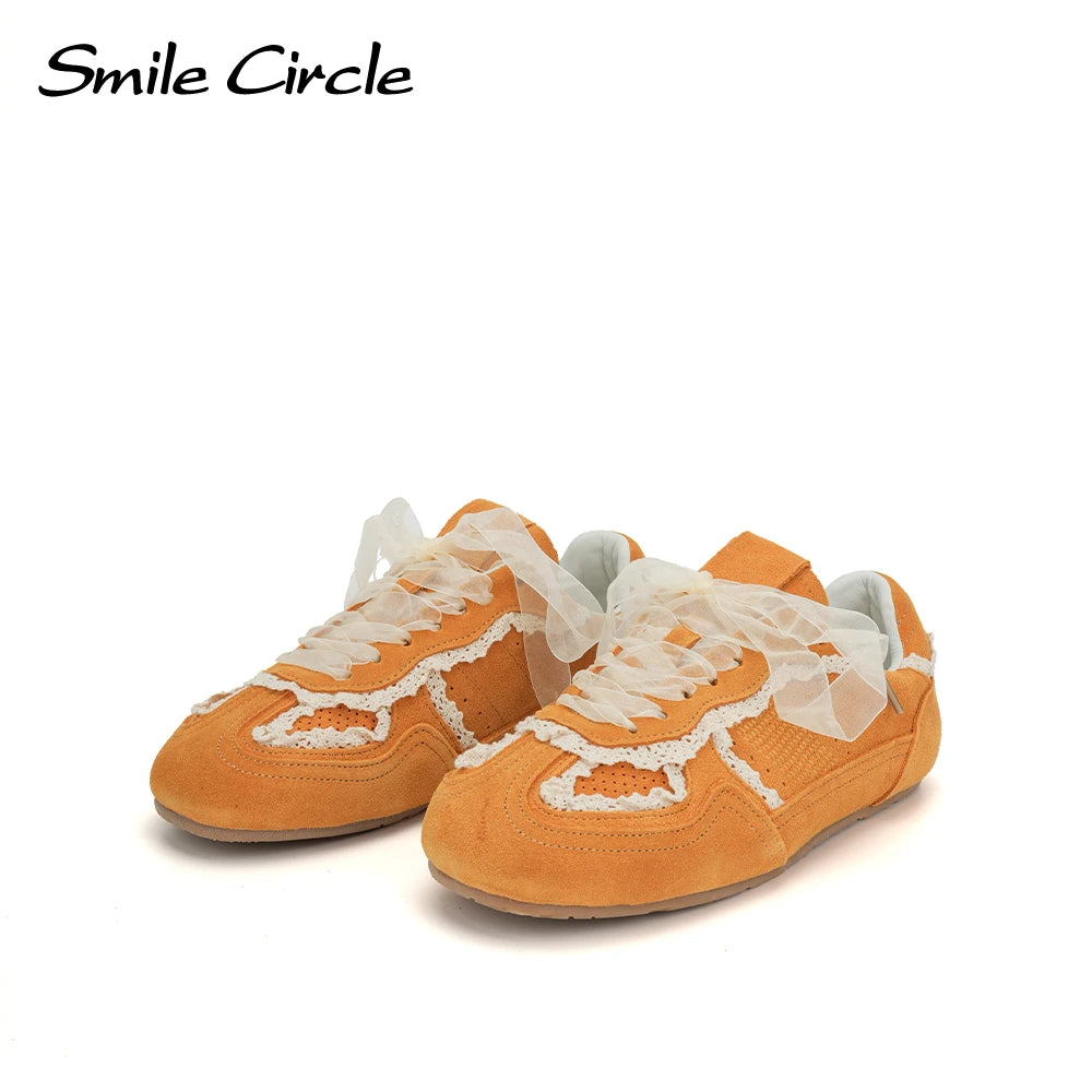 Smile Circle Women Sneakers Suede Leather Trainers Lace up Flat Shoes Fashion Casual Sneakers