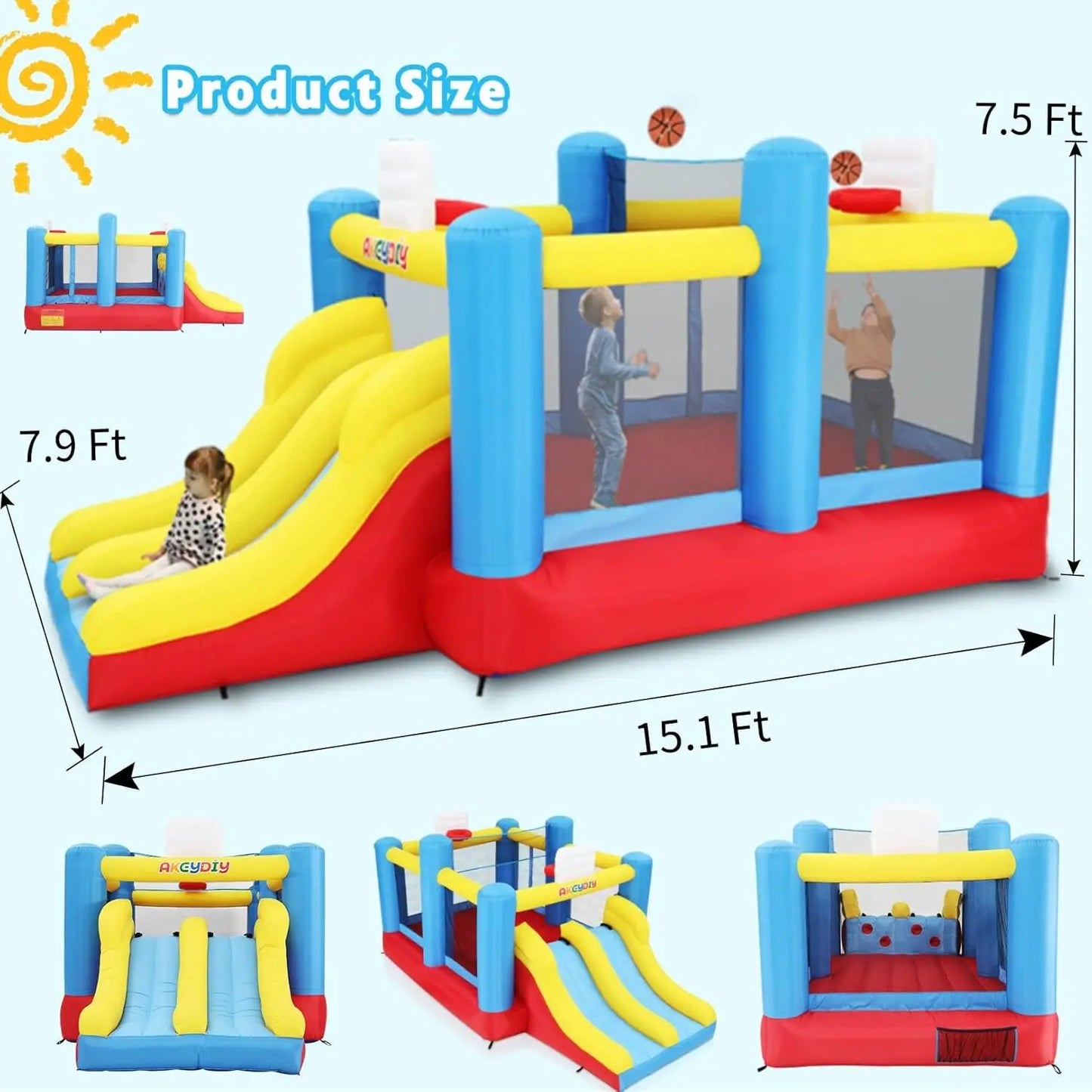 Inflatable Bounce House, Outdoor Indoor Bouncy House with Blower for Kids, Sports Ball Game Theme Park Bouncer w/Double