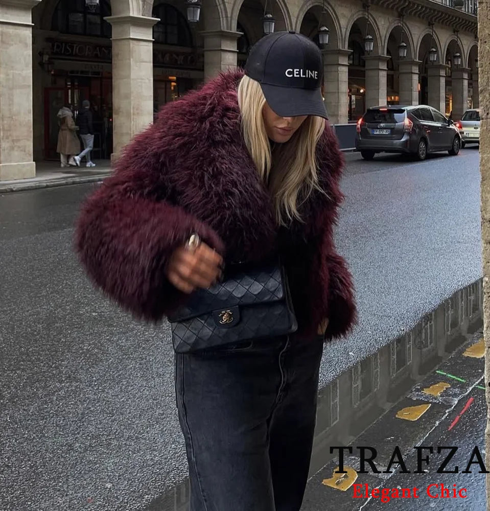 TRAFZA-Women Fashion Winter Solid  Big Lapel Coat Faux Fur Coat Jacket New 2025 Autumn Winter Slouchy Burgundy Black Gray Coat