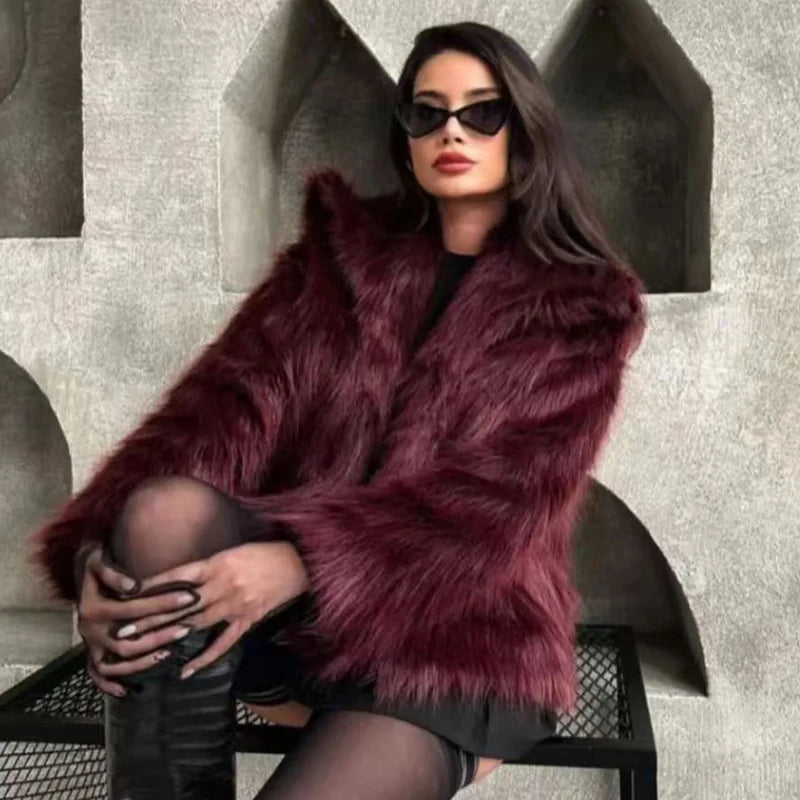 HXAO Women's Fur Coat Women 2024 Plush Burgundy Bomber Jacket Solid Crop Long Sleeve Jacket Warm Winter Coats Woman Casual Coats