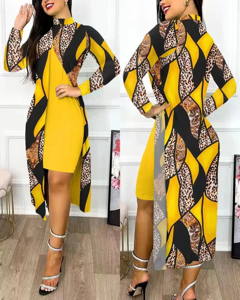 Two Piece Set Women Print Dresses Sets Full Sleeve Half High Collar Split Cardigan Dress Suits Elegant A Line Office Lady