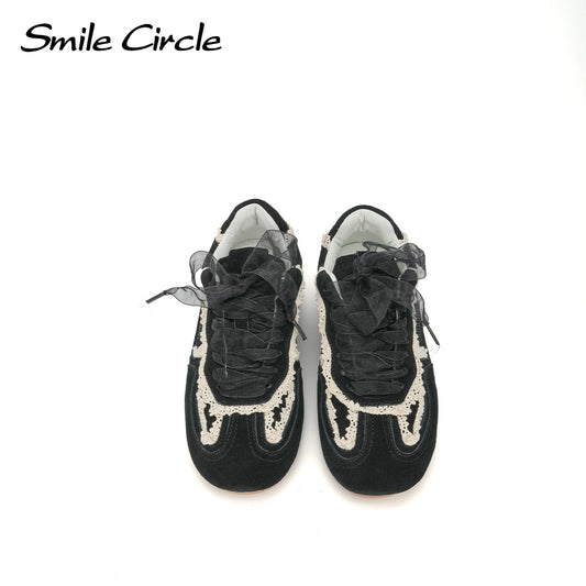 Smile Circle Women Sneakers Suede Leather Trainers Lace up Flat Shoes Fashion Casual Sneakers