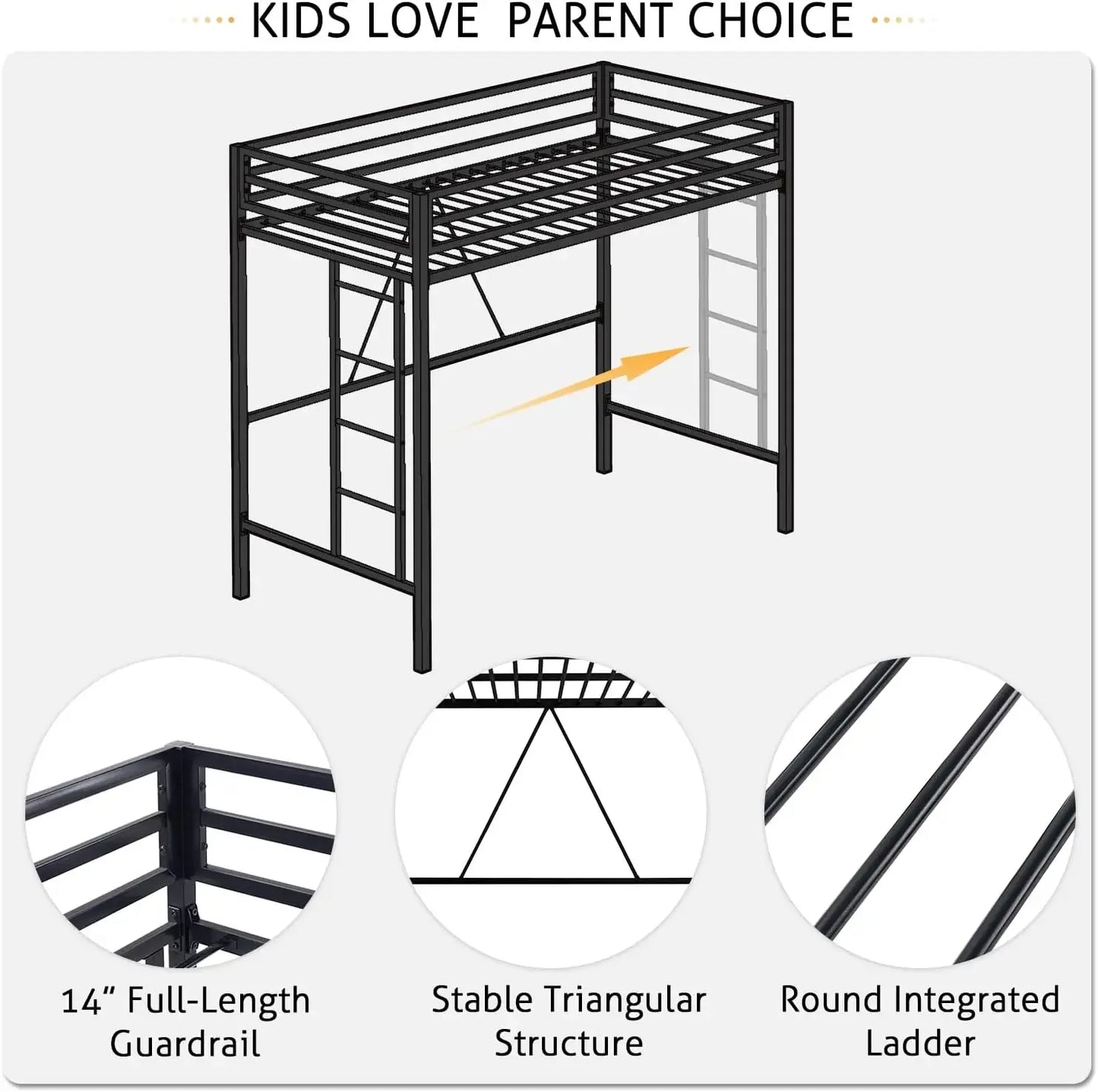 Twin Loft Bed with Desk Charging Station Storage Shelves LED Lights Music Sync Safe Guardrail & Wooden Ladder