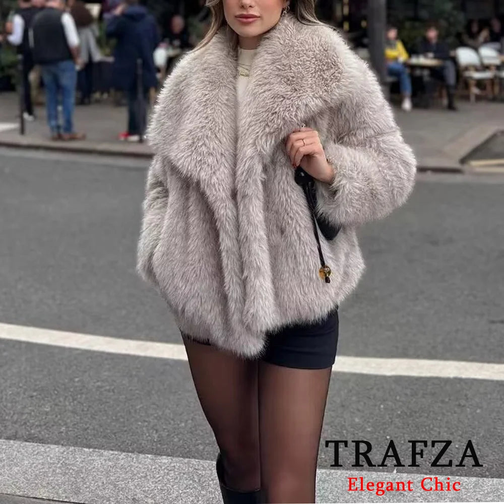 TRAFZA-Women Fashion Winter Solid  Big Lapel Coat Faux Fur Coat Jacket New 2025 Autumn Winter Slouchy Burgundy Black Gray Coat