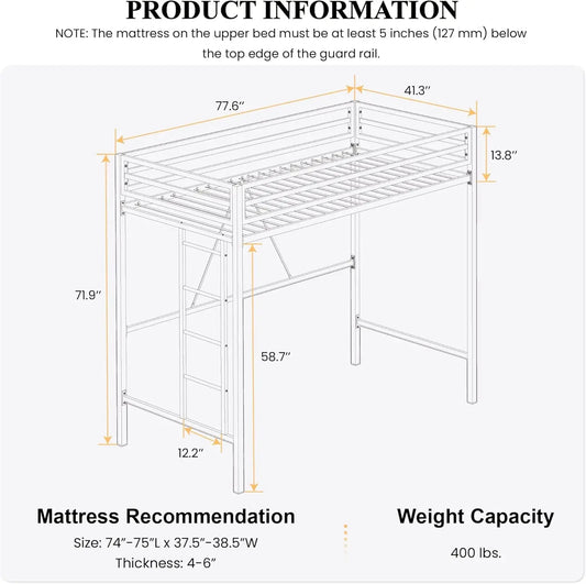 Twin Loft Bed with Desk Charging Station Storage Shelves LED Lights Music Sync Safe Guardrail & Wooden Ladder