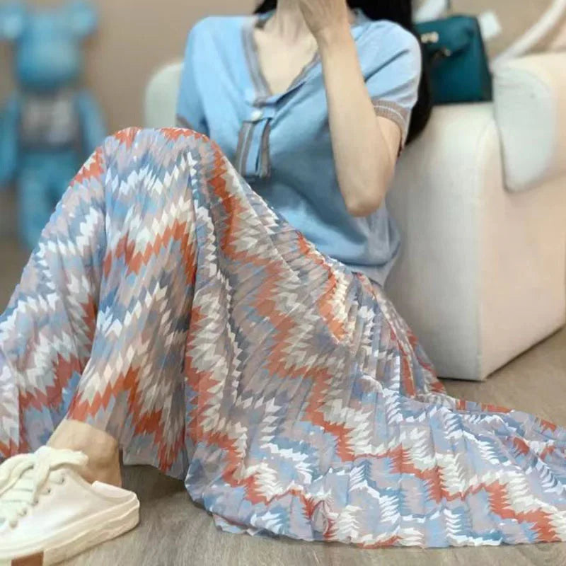 Skirt suit women's 2024 fashion pleated floral half-length suit skirt blue short-sleeved shirt elegant slim two-piece suit