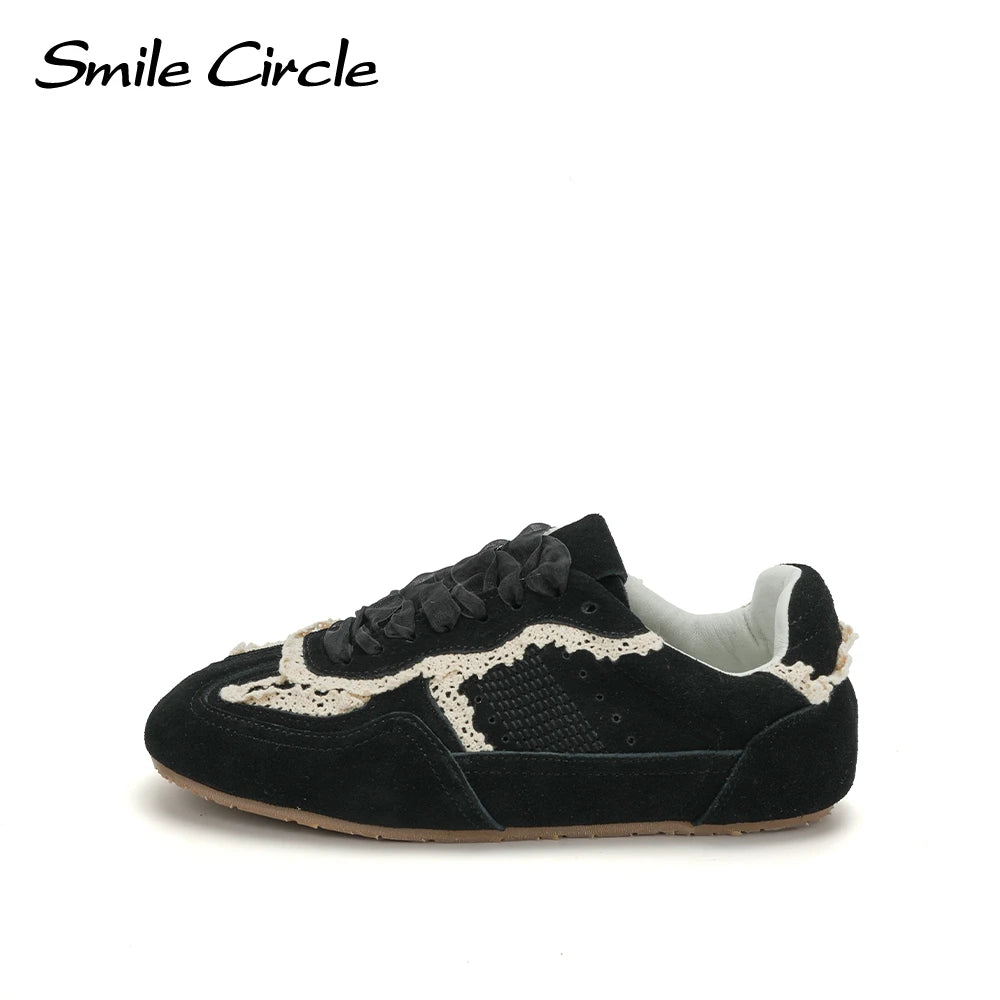 Smile Circle Women Sneakers Suede Leather Trainers Lace up Flat Shoes Fashion Casual Sneakers