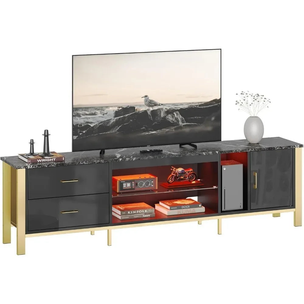 TV Stand, Modern TV Cabinet with Glass Shelves for Living Room, 2 Storage Drawers & Cabinets, LED Gaming Entertainment Center