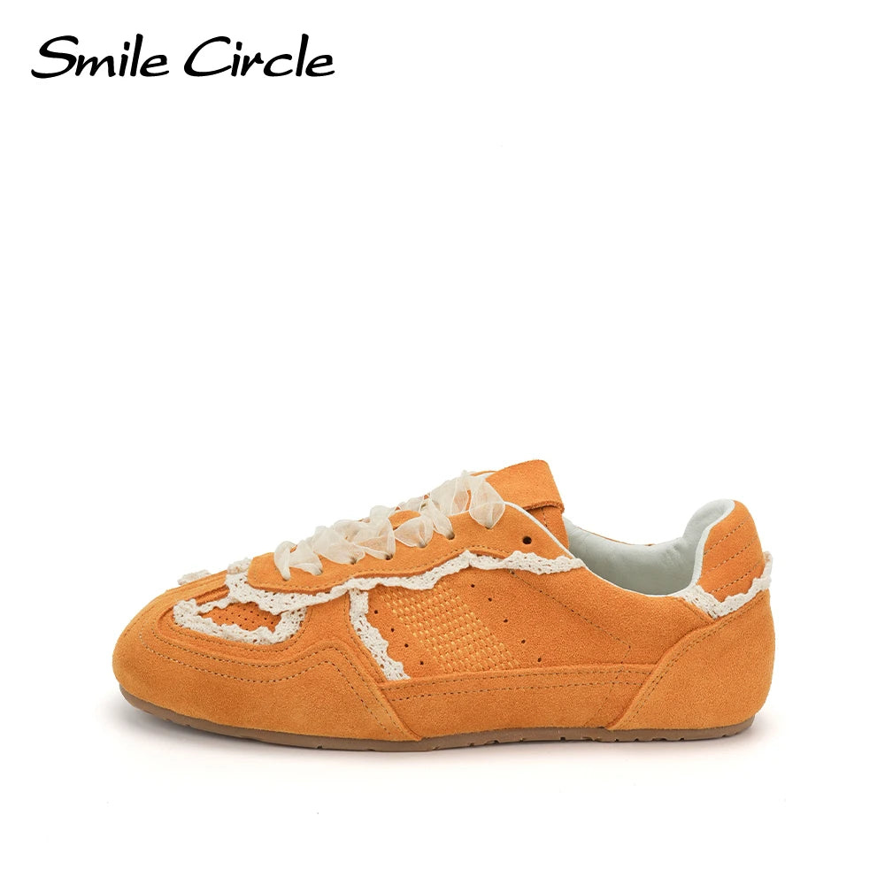 Smile Circle Women Sneakers Suede Leather Trainers Lace up Flat Shoes Fashion Casual Sneakers