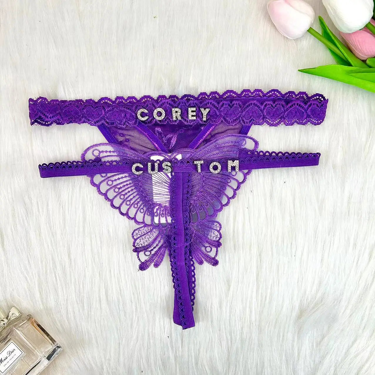 Customize Thong Panties Hollow Butterfly 2PC/set Name Gifts For Women Custom Hotwife Lingerie Underpants Lace String Underwear