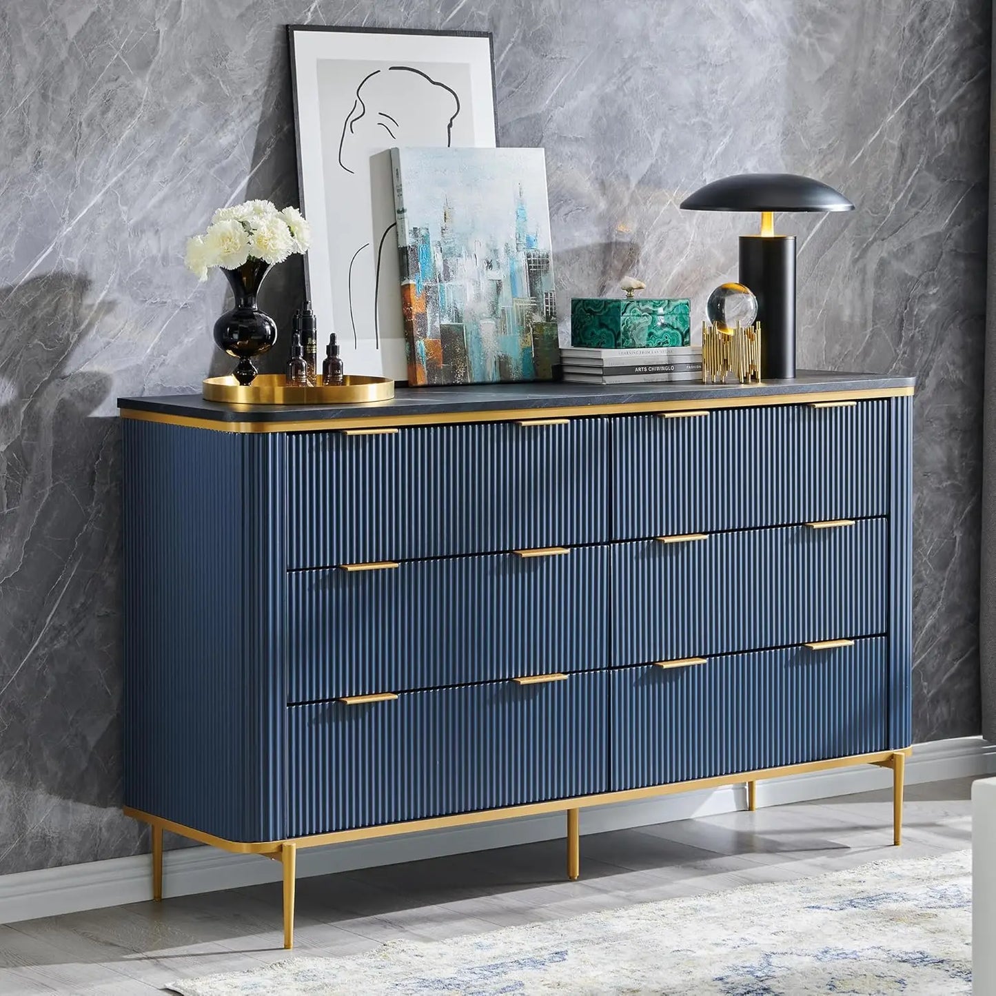 Fluted 6 Drawers Dresser, 54" Wide Modern Dresser TV Stand, Gold Accents, Fluted Fronts, Wood Storage Dressers Organizer