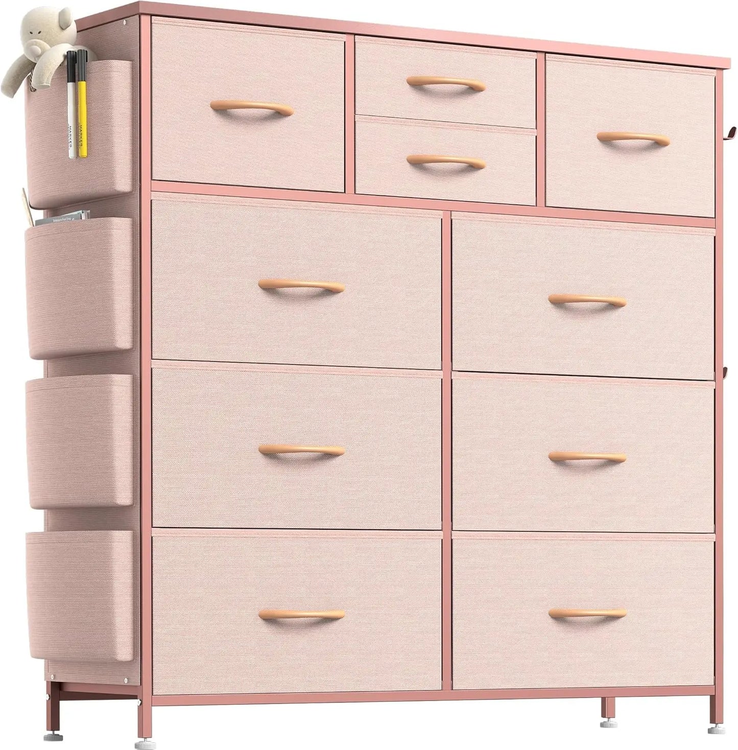 Dresser for Bedroom with 10 Drawers, Chest of Drawers with Side Pockets and Hooks, Fabric Storage Organizer Unit for Living Room