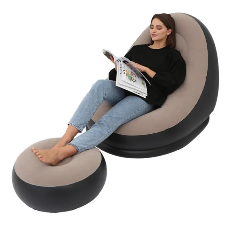 OTAUTAU Inflatable Lazy Sofa Chair PVC Flocking Foldable Sofa with Slip-on Lunch Lounge Chair Set