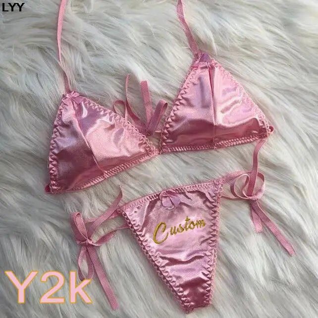 Custom Name Thongs Triangle Bra Set 2Pc/Sets Sexy Girls Embroidery Letters G-string For Women Baby Pink Halter Underwear