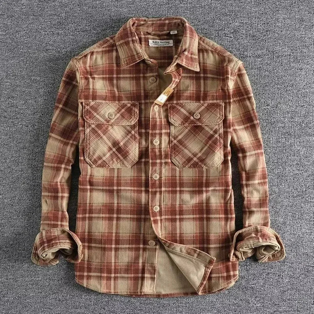 Fashion Mens Classic Plaid Shirts Washed Corduroy Thick Autumn Spring Long Sleeve Comfortable Shirt Coat Men Clothing